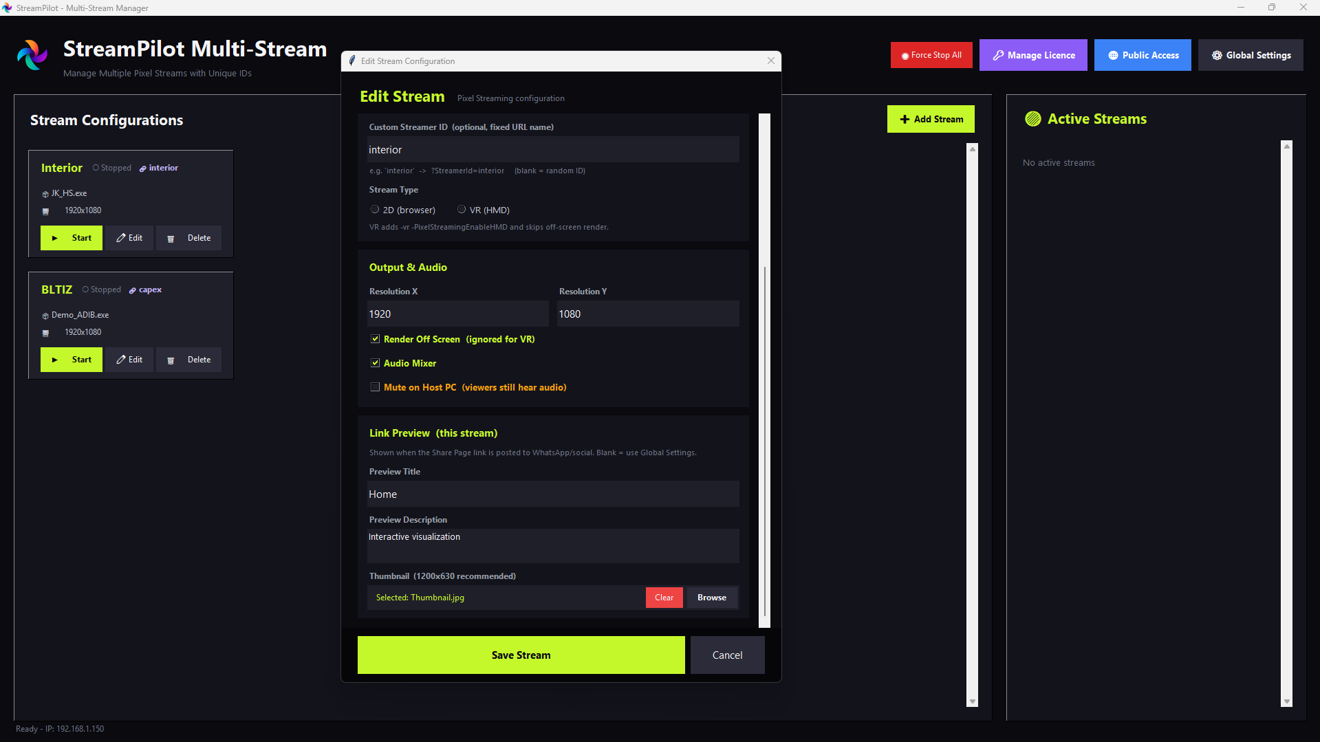 StreamPilot v2 — Edit Stream dialog with branded link preview settings