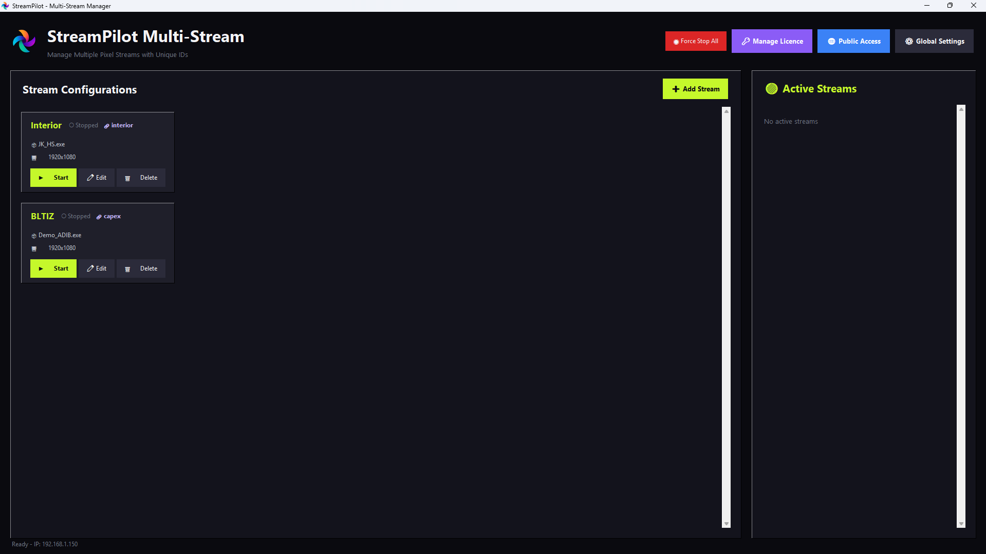 StreamPilot v2 — Main Multi-Stream Manager window
