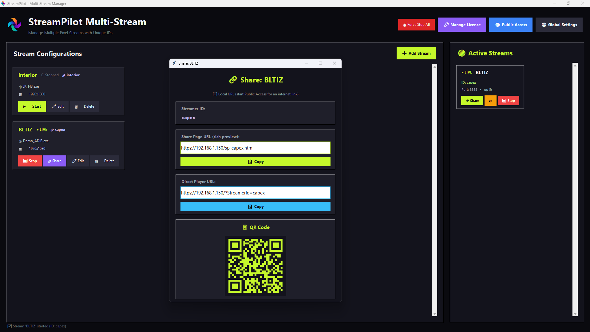 StreamPilot v2 — Share dialog with shareable URLs and QR code